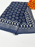 Indigo Blue & Off-White Floral Buti Bagru Hand Block Printed Linen Cotton Saree With Blouse Piece