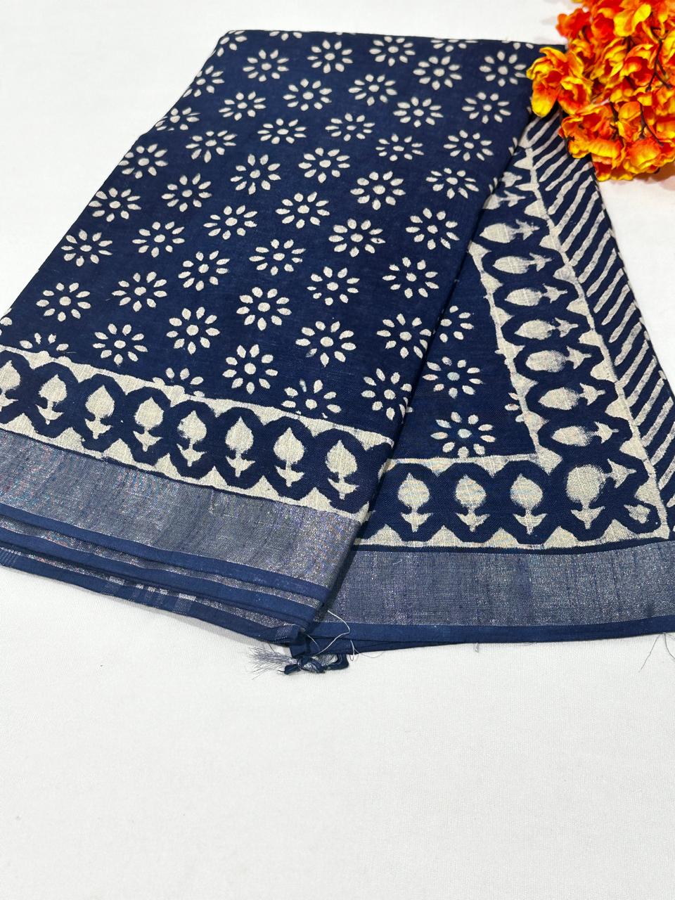 Indigo Hand Block Printed Saree In Linen Cotton With Blouse Piece - BFSGLC87