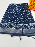 Indigo Blue & White Leaf Motif Bagru Hand Block Printed Linen Cotton Saree With Blouse Piece