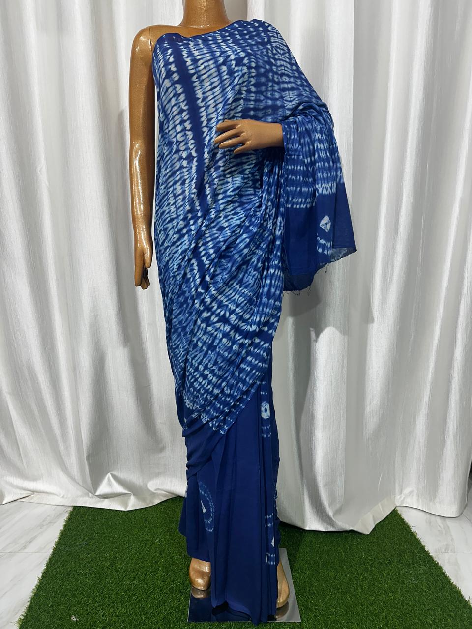 Indigo Dabu Hand Block Printed Cotton Saree With Blouse Piece - BFSGC95