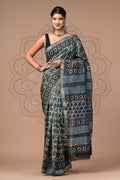 Indigo Blue & Off-White Leaf Motif Vanspati Ajrakh Print Maheshwari Silk Saree With Blouse Piece