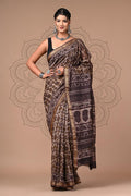 Brown & Off-White Vanspati Ajrakh Print Maheshwari Silk Saree With Blouse Piece