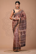 Maroon & Black Vanspati Ajrakh Print Maheshwari Silk Saree With Blouse Piece