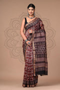Maroon & Black Leaf Motif Vanspati Ajrakh Print Maheshwari Silk Saree With Blouse Piece