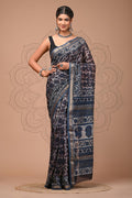 Navy Blue & Beige Floral Leaf Motif Vanspati Ajrakh Print Maheshwari Silk Saree With Blouse Piece