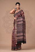 Maroon & Black Leaf Motif Vanspati Ajrakh Maheshwari Silk Saree With Blouse Piece