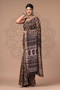 Brown & Off-White Vanspati Ajrakh Print Maheshwari Silk Saree With Blouse Piece