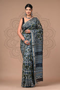 Navy Blue & Olive Green Vanspati Ajrakh Print Maheshwari Silk Saree With Blouse Piece