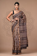 Brown & Off-White Vanspati Ajrakh Print Maheshwari Silk Saree With Blouse Piece