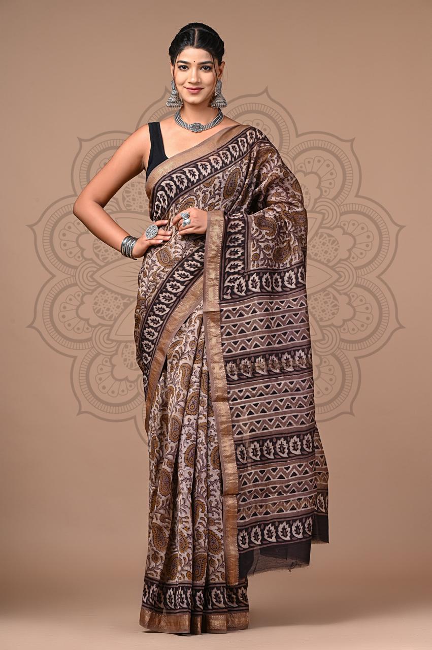 bagru, Maheshwari Silk Vanspati Ajrakh Print Sarees, bagru saree, Ajrakh, saree,hand block saree, Maheshwari Silk