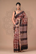 Maroon & Black Floral Motifs Vanspati Ajrakh Print Maheshwari Silk Saree With Blouse Piece