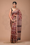 Maroon & Off-White Floral Motifs Vanspati Ajrakh Print Maheshwari Silk Saree With Blouse Piece