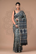Navy Blue & Beige Vanspati Ajrakh Print Maheshwari Silk Saree With Blouse Piece
