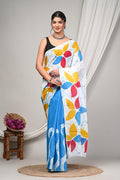 Blue & White Floral Motif Bagru Hand Block Print Mul Cotton Saree With Blouse Piece