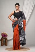 Rust Orange & Black Geometric Motif Bagru Hand Block Print Mul Cotton Saree With Blouse Piece