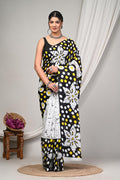 Black & Yellow Leaf Motif Bagru Hand Block Print Mul Cotton Saree With Blouse Piece