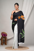 Black & Off-White Leaf Motif Bagru Hand Block Print Mul Cotton Saree With Blouse Piece