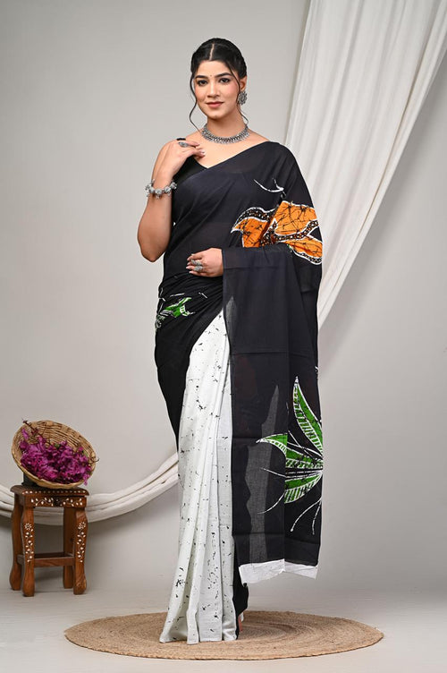 Black & Off-White Leaf Motif Bagru Hand Block Print Mul Cotton Saree With Blouse Piece