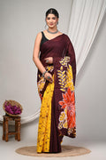 Maroon & Yellow Floral Print Bagru Cotton Saree With Blouse Piece