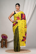 Mustard Yellow & Black Floral Motifs Bagru Hand Block Print Mul Cotton Saree With Blouse Piece