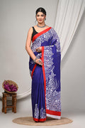 Indigo Blue & White Abstract Wave Bagru Hand Block Print Mul Cotton Saree With Blouse Piece