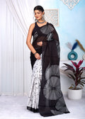 Black & White Geometric Sunburst Bagru Hand Block Printed Mul Cotton Saree With Blouse Piece