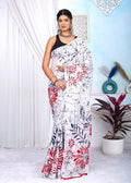 Red & Off-White Floral Motif Bagru Hand Block Print Mul Cotton Saree With Blouse Piece
