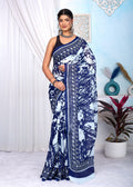 Indigo Blue & White Abstract Print Bagru Cotton Saree With Blouse Piece