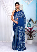 Indigo Blue & Off-White Leaf Motif Bagru Hand Block Print Mul Cotton Saree With Blouse Piece