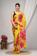 Yellow & Red Floral Motif Bagru Hand Block Print Mul Cotton Saree With Blouse Piece