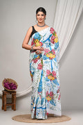Blue & White Floral Motif Bagru Hand Block Print Mul Cotton Saree With Blouse Piece