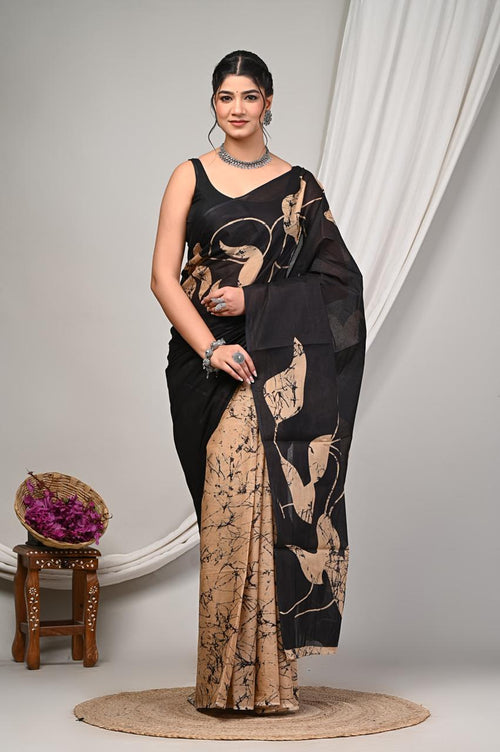 Black & Beige Leaf Motif Bagru Hand Block Print Mul Cotton Saree With Blouse Piece