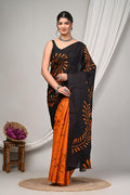 Black & Orange Leaf Motif Bagru Hand Block Print Mul Cotton Saree With Blouse Piece