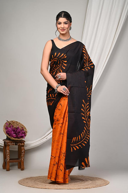 Black & Orange Leaf Motif Bagru Hand Block Print Mul Cotton Saree With Blouse Piece