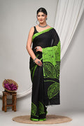 Black & Neon Green Leaf Motif Bagru Hand Block Printed Mul Cotton Saree With Blouse Piece