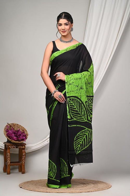 Black & Neon Green Leaf Motif Bagru Hand Block Printed Mul Cotton Saree With Blouse Piece