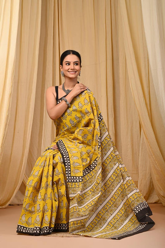 Bagru Cotton Sarees Hand Block Printed Indigo Dabu Batik