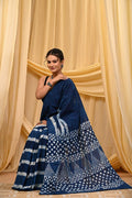 Indigo Blue & White Geometric Buti Bagru Hand Block Printed Mul Cotton Saree With Blouse Piece