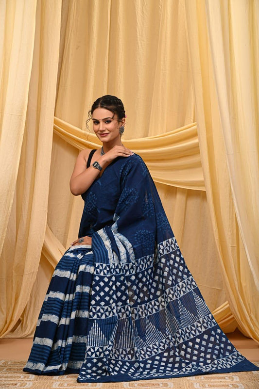 Bagru Cotton Sarees Hand Block Printed Indigo Dabu Batik