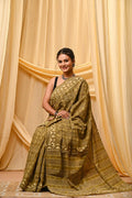 Olive Green & Cream Geometric Buti Print Bagru Hand Block Printed Mul Cotton Saree With Blouse Piece
