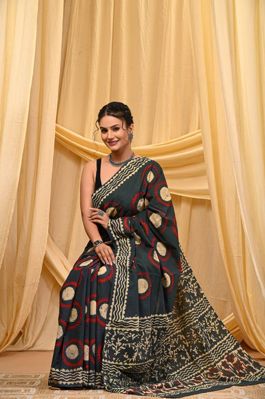Bagru Cotton Sarees Hand Block Printed Indigo Dabu Batik