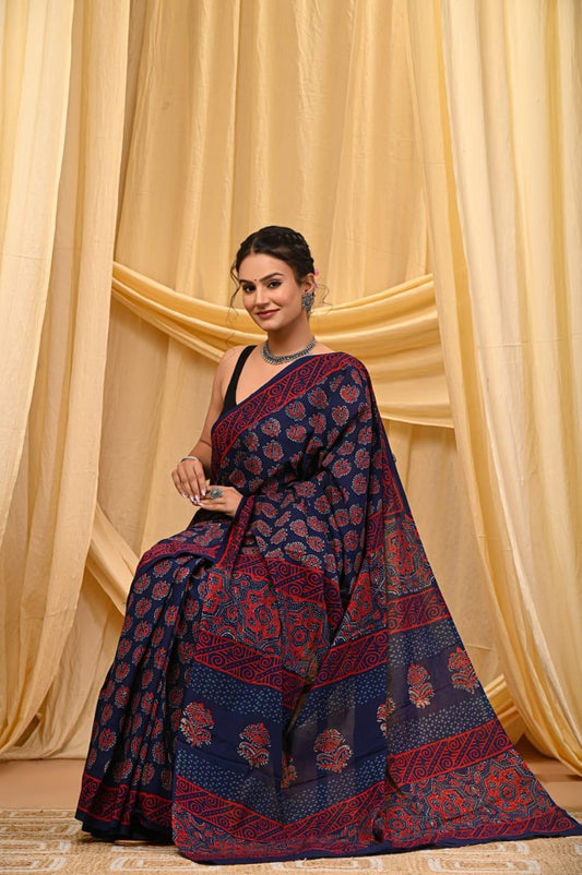 Bagru Cotton Sarees Hand Block Printed Indigo Dabu Batik