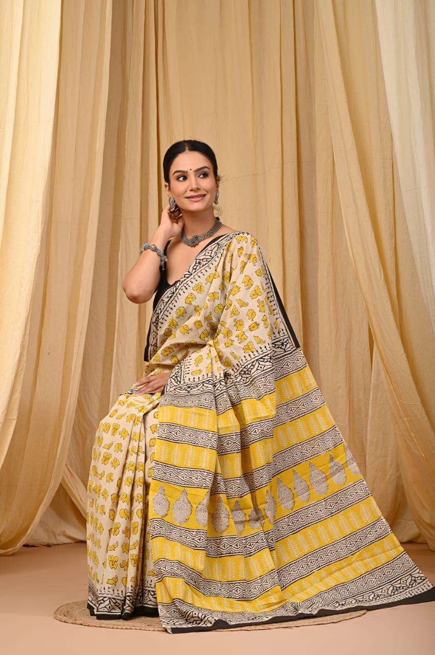 Bagru Cotton Sarees Hand Block Printed Indigo Dabu Batik