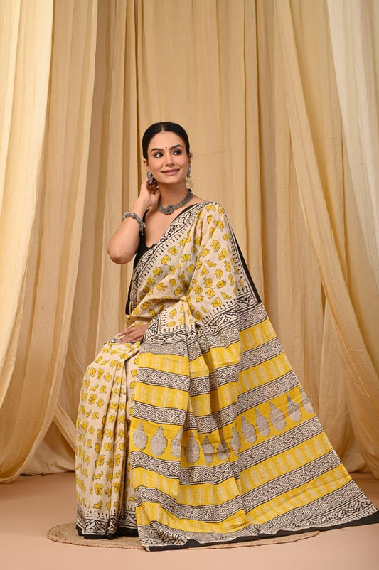 Bagru Cotton Sarees Hand Block Printed Indigo Dabu Batik