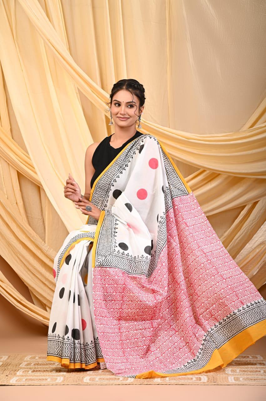 Bagru Cotton Sarees Hand Block Printed Indigo Dabu Batik