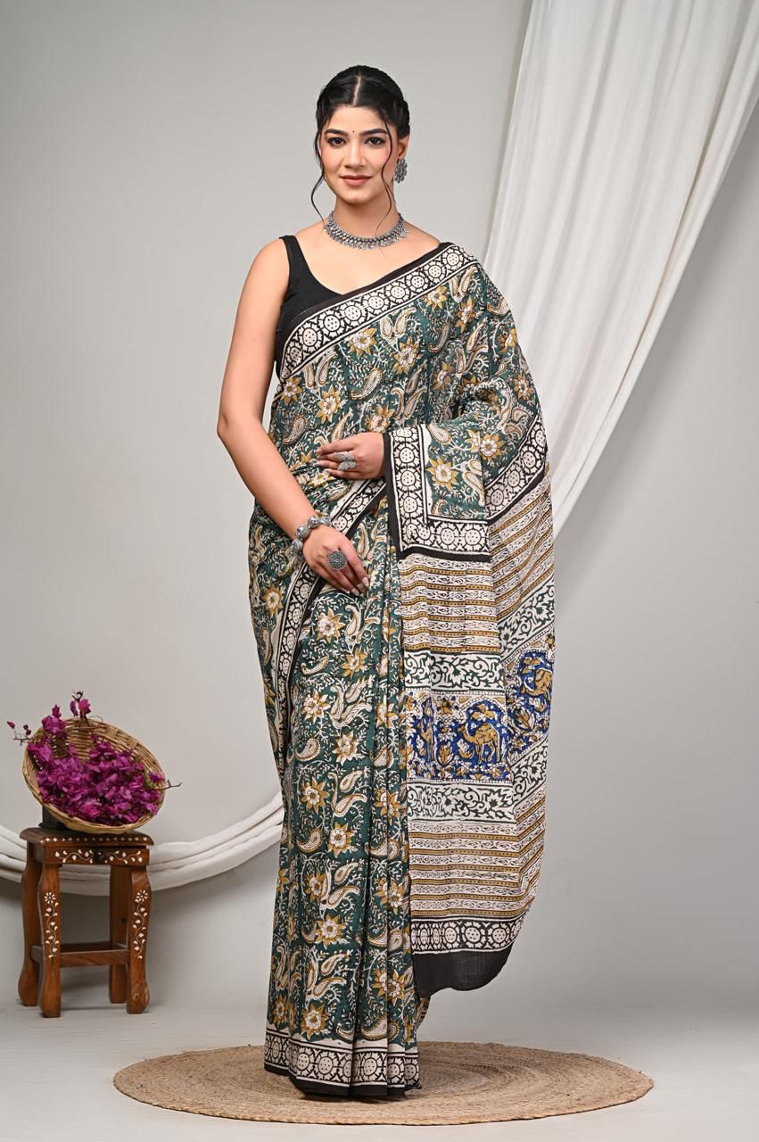 Bagru Cotton Sarees Hand Block Printed Indigo Dabu Batik