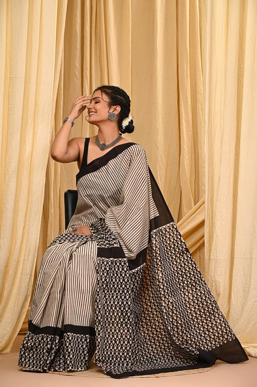Black & Cream Striped Buti Print Bagru Hand Block Printed Mul Cotton Saree With Blouse Piece