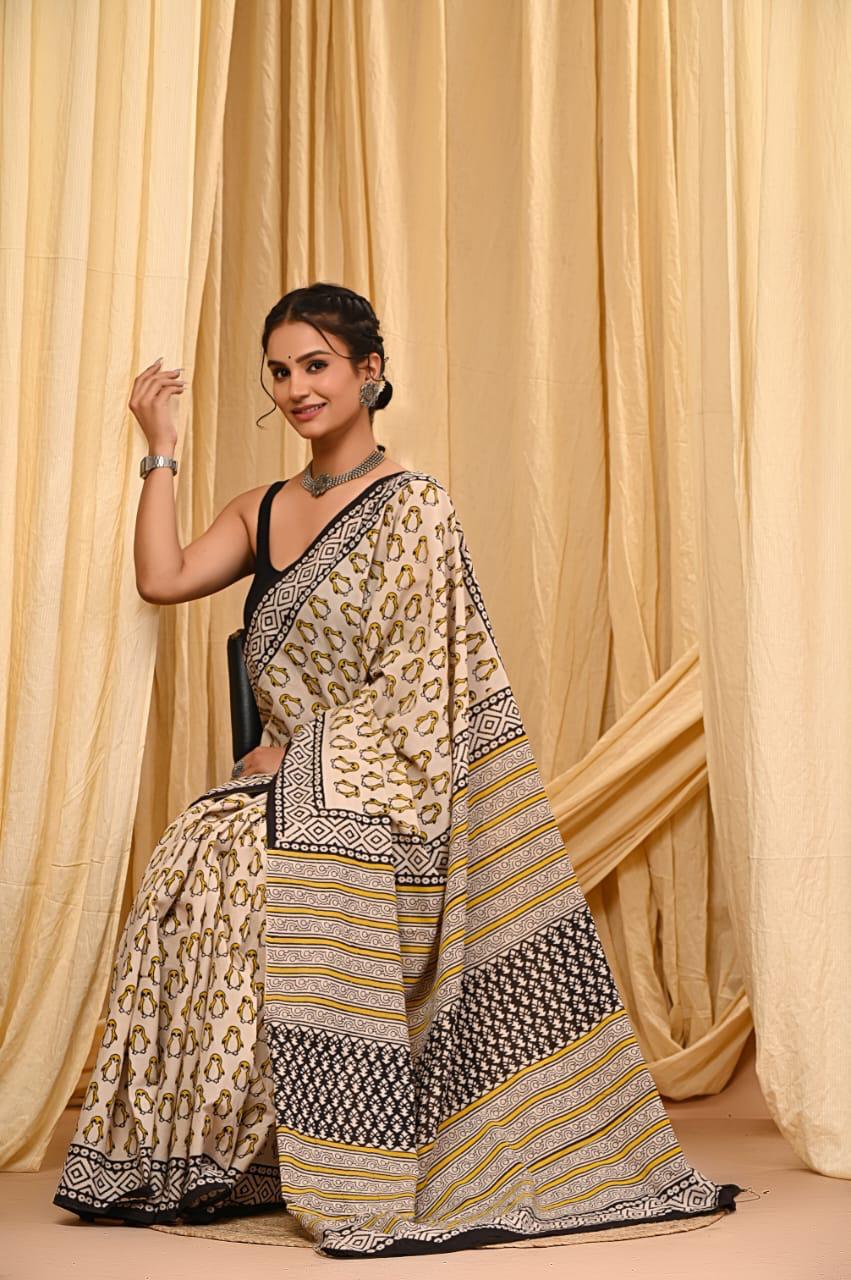 Bagru Cotton Sarees Hand Block Printed Indigo Dabu Batik