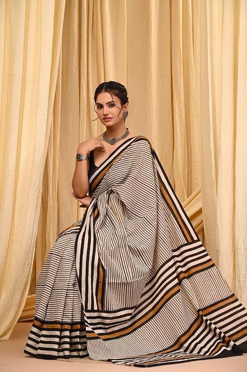 Black & Off-White Geometric Striped Bagru Hand Block Printed Mul Cotton Saree With Blouse Piece