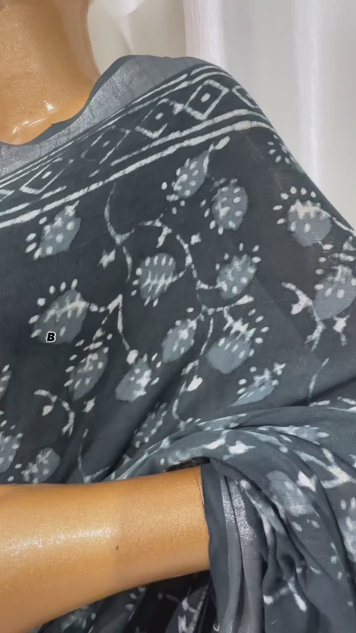 Bagru Hand Block Printed Saree In Linen Cotton With Blouse Piece - BFSGLC46